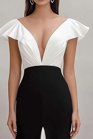 A Line Ruffled Black Tie Dress with Cap Sleeves